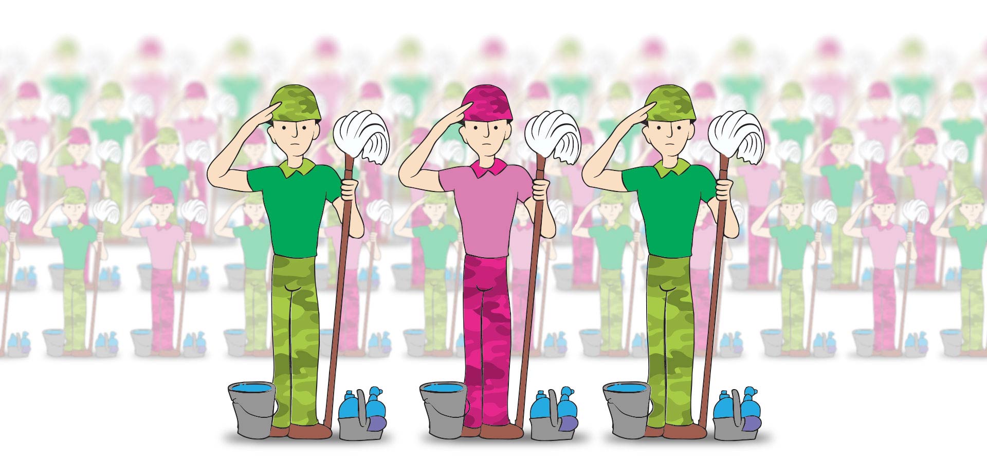 Illustration of cleaning soldiers standing at attention holding mops.